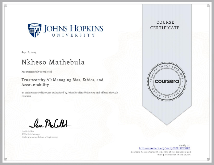 Trustworthy AI: Managing Bias, Ethics, and Accountability Certificate Preview